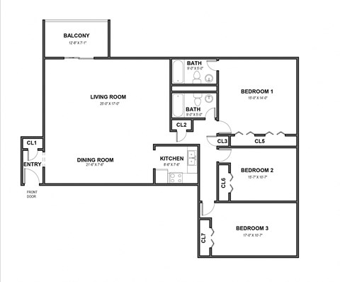 Floor plan for 3 beds, 2 baths, 1400 sqft